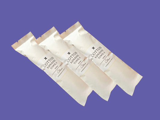3 Cotton 8 Oshibori Xceed Towels refresher towels in packaging on purple background