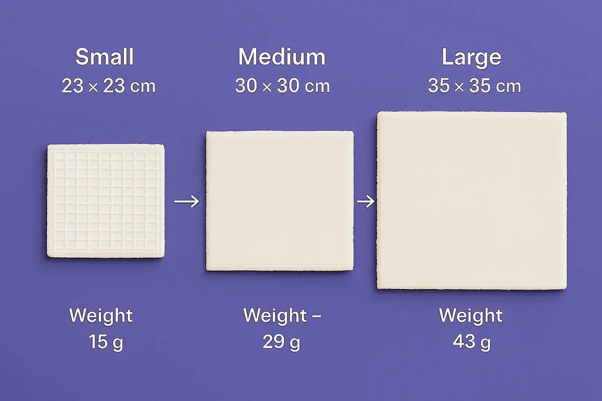 Dry cotton hand towels in three sizes on purple background: small 23 x 23 cm, 15 g; medium 30 x 30 cm, 29 g; large 35 x 35 cm, 43 g
