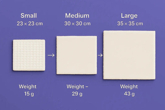 Dry cotton hand towels in three sizes on purple background: small 23 x 23 cm, 15 g; medium 30 x 30 cm, 29 g; large 35 x 35 cm, 43 g